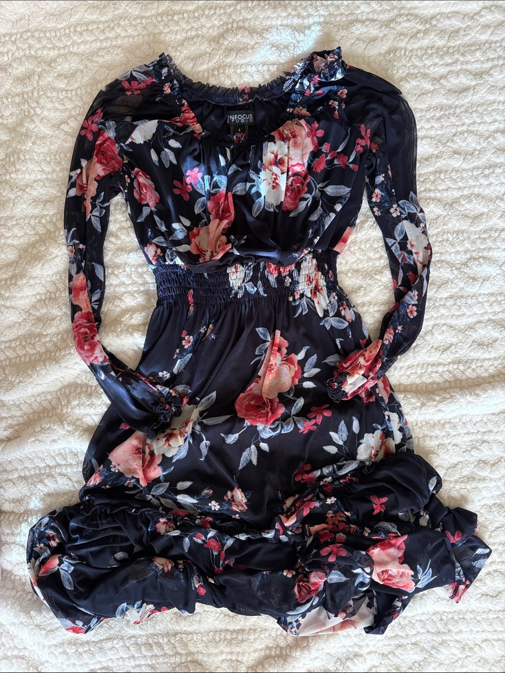Black Floral Long-Sleeve Smocked Waist Dress